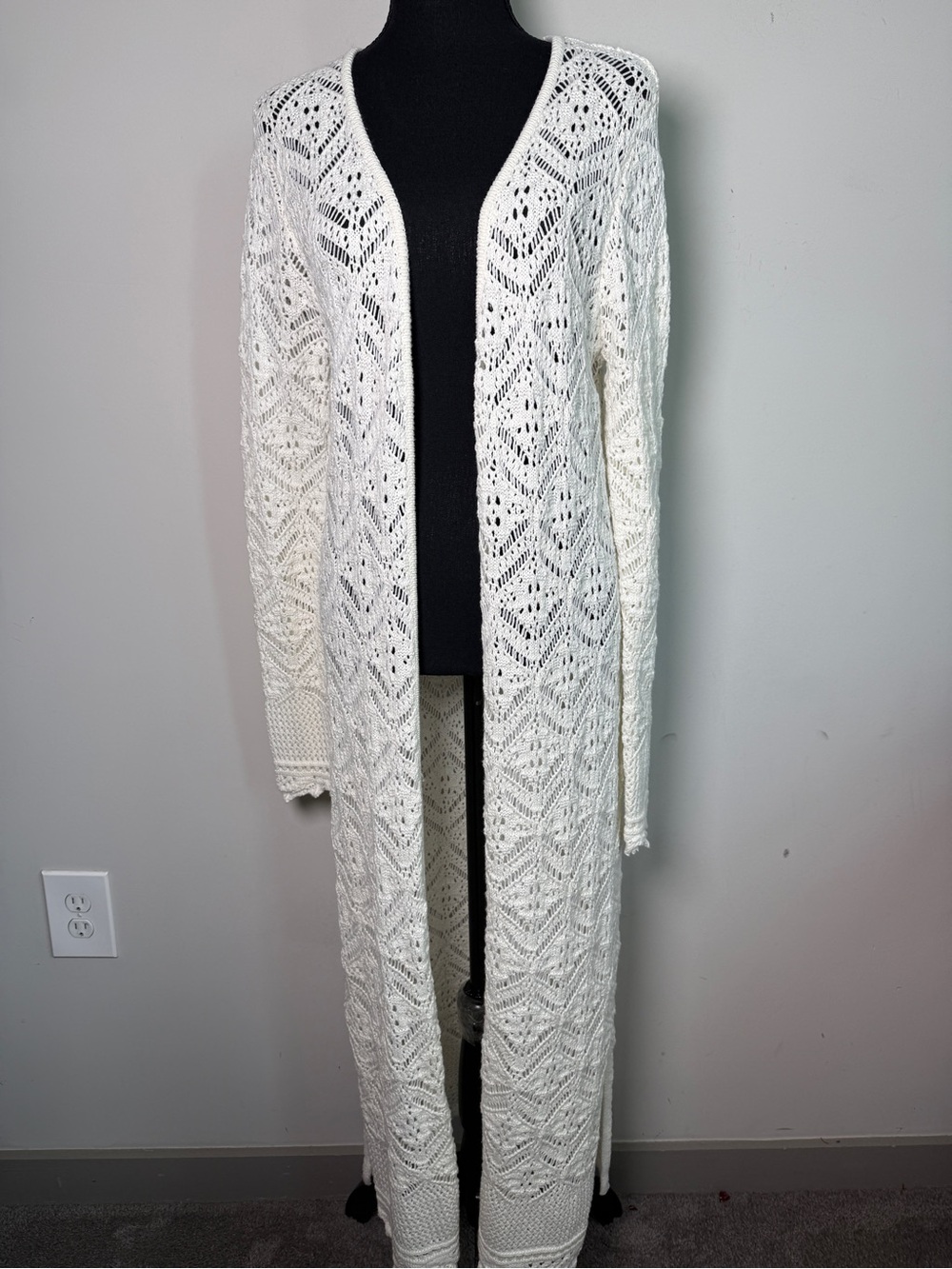 Freshman 1996 Ivory Crochet Knit Duster Cardigan Boho Longline Sz M
